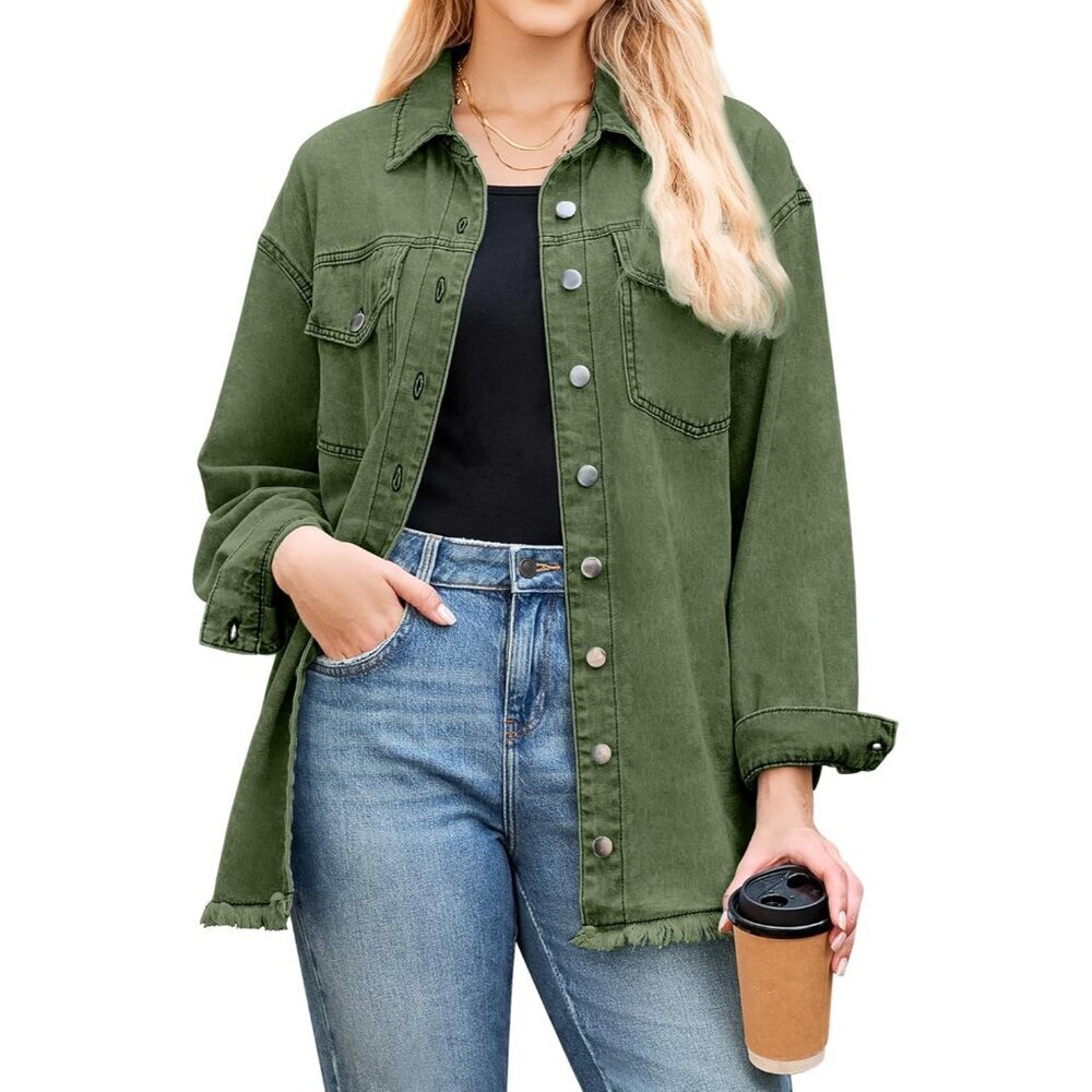 Women Jean Jacket Oversized Distressed Denim Shirt Casual Fall Spring